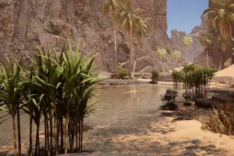 Eine Oase in einer Wüstenlandschaft, wie im Icarus Game. Palmen und üppige Vegetation umgeben einen kleinen See vor steilen Felsen.