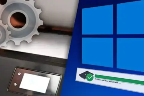 Scanner-App für Windows 11 wird installiert. Zahnräder und ein Drucker deuten auf die Einrichtung hin.