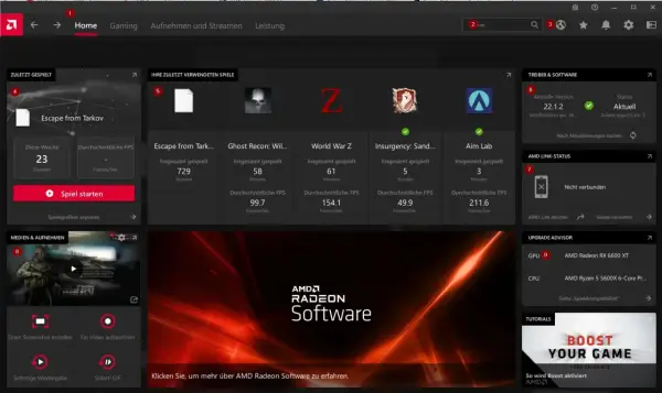 AMD Radeon Software zeigt zuletzt gespielte Spiele und Treiber-Infos. Der AMD Adrenalin Treiber ist aktuell.