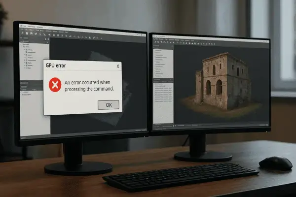 Zwei Monitore zeigen 3D-Modelle. Ein Fenster meldet einen "GPU error", was auf einen Treiber-Timeout bei AMD hindeuten könnte.