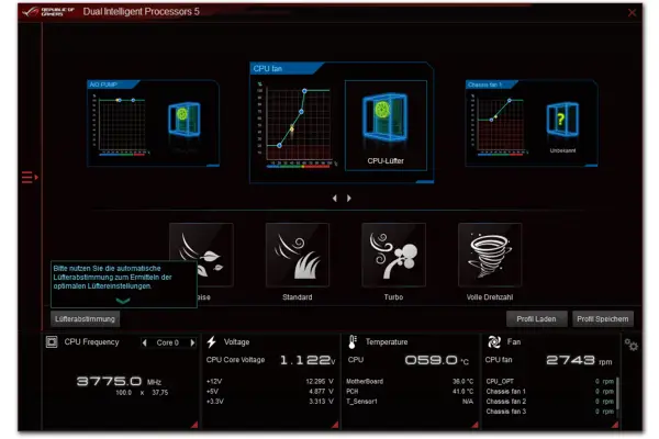 Das Fan Control Software-Interface zeigt Lüfterkurven und Einstellungen für AIO-Pumpen und CPU-Lüfter.